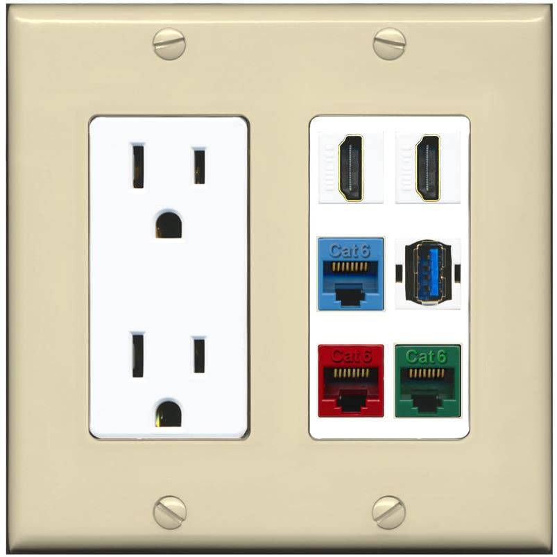 RiteAV 2 HDMI 3 Cat6 Ethernet USB3 Mixed Color Wall Plate - Outlet [Ivory/White]