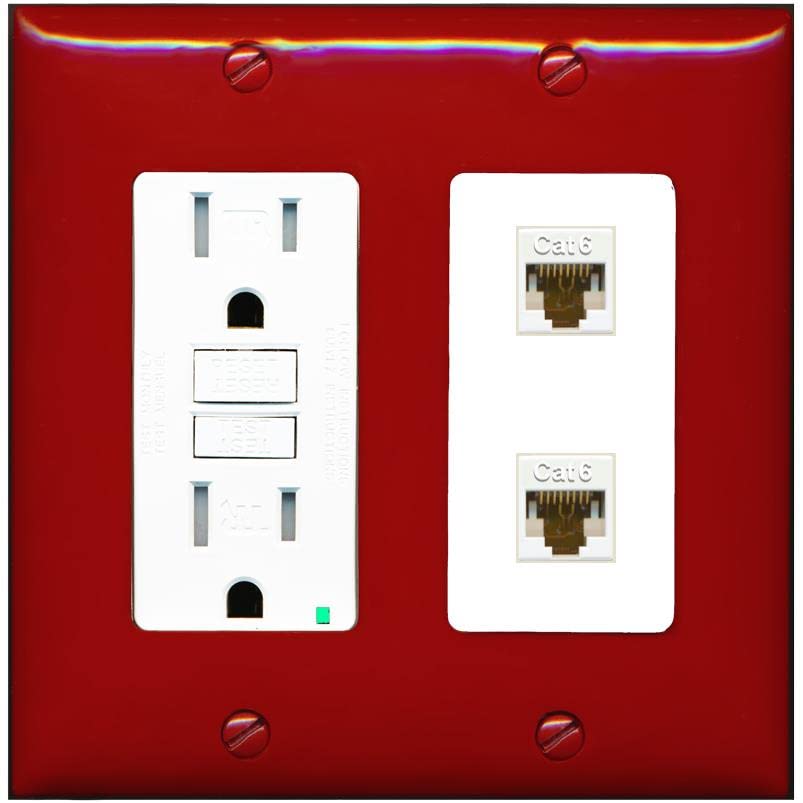 RiteAV 2 Port Cat6 Ethernet Wall Plate - GFCI [Red/White]