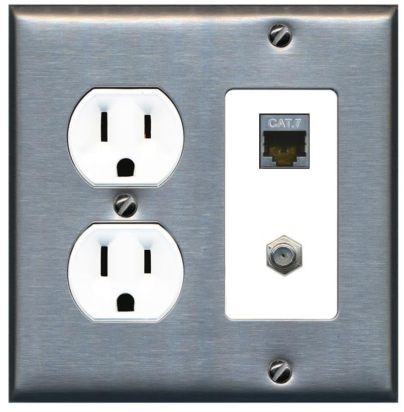 RiteAV Coax and Cat7 Wall Plate - Round Outlet [Stainless/White]