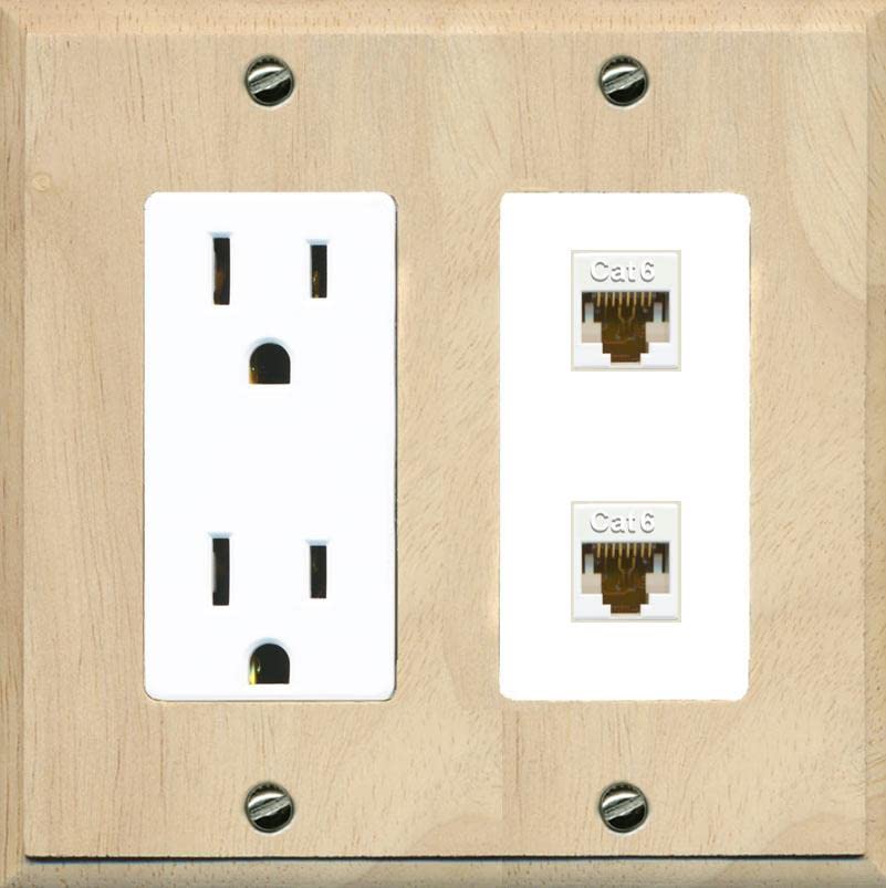 RiteAV 2 Port Cat6 Ethernet Wall Plate - Outlet [Wood/White]