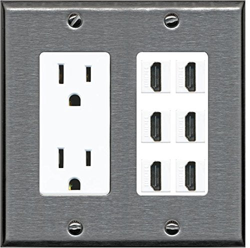 RiteAV - (2 Gang Decorative 15A Power Outlet 6 HDMI Wall Plate Stainless Steel on White