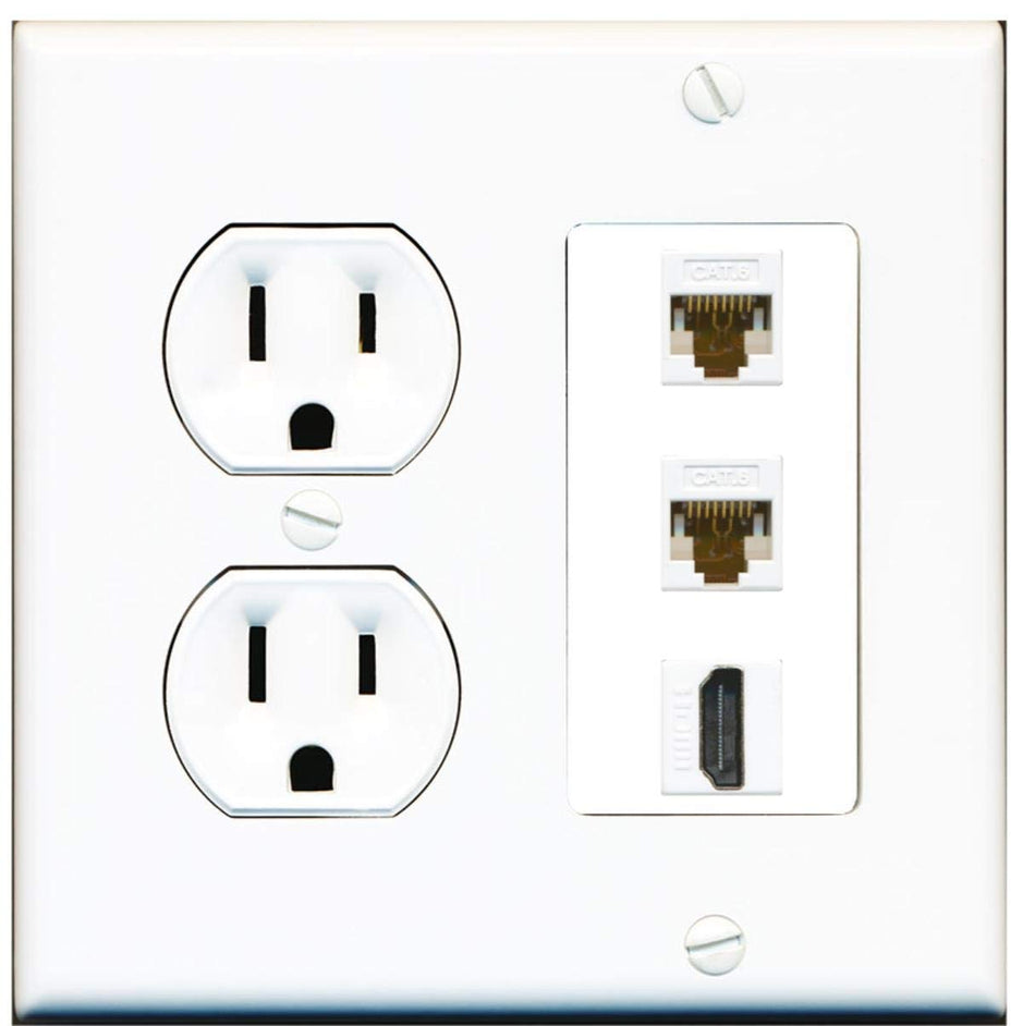 15 Amp Duplex Round Power Outlet 2 Cat6 Ethernet 1 HDMI Wall Plate