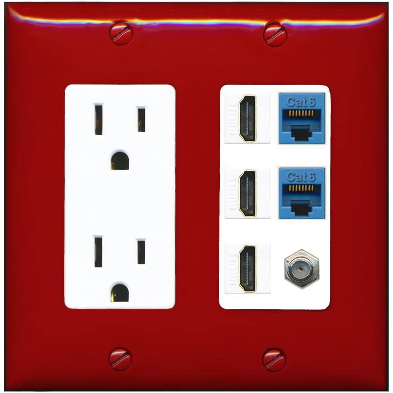 RiteAV 3 HDMI Wall Plate 2 Cat6 1 Coax - Outlet [Red/White]