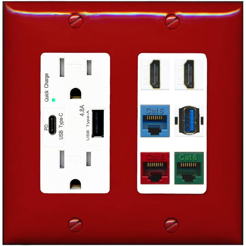 RiteAV 2 HDMI 3 Cat6 Ethernet USB3 Mixed Color Wall Plate - USB A+C Charger [Red/White]