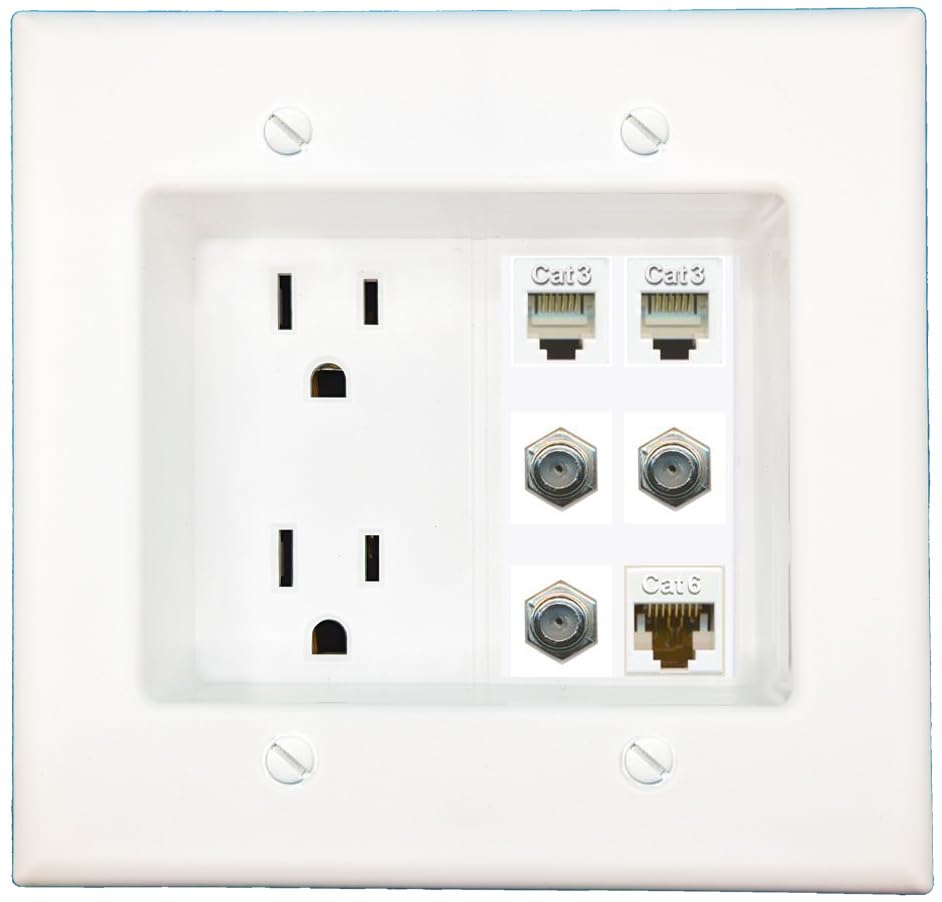 RiteAV Recessed Duplex Receptacle Outlet CAT6 3 COAX 2 PHONE Wall Plate White