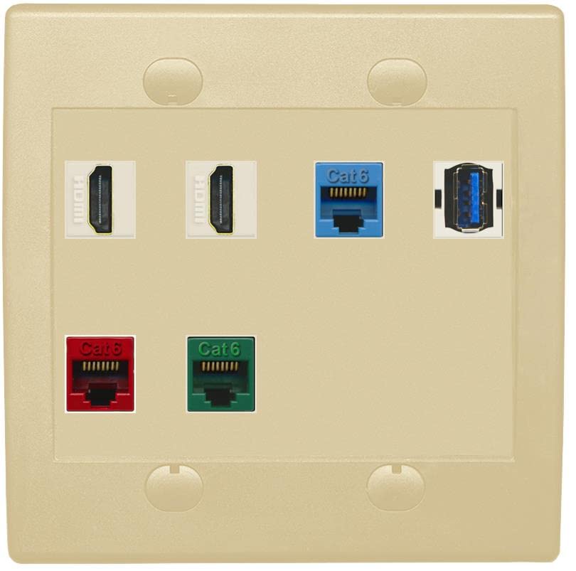 RiteAV 2 HDMI 3 Cat6 Ethernet USB3 Mixed Color Wall Plate - Flat 2 Gang [Ivory/Ivory]