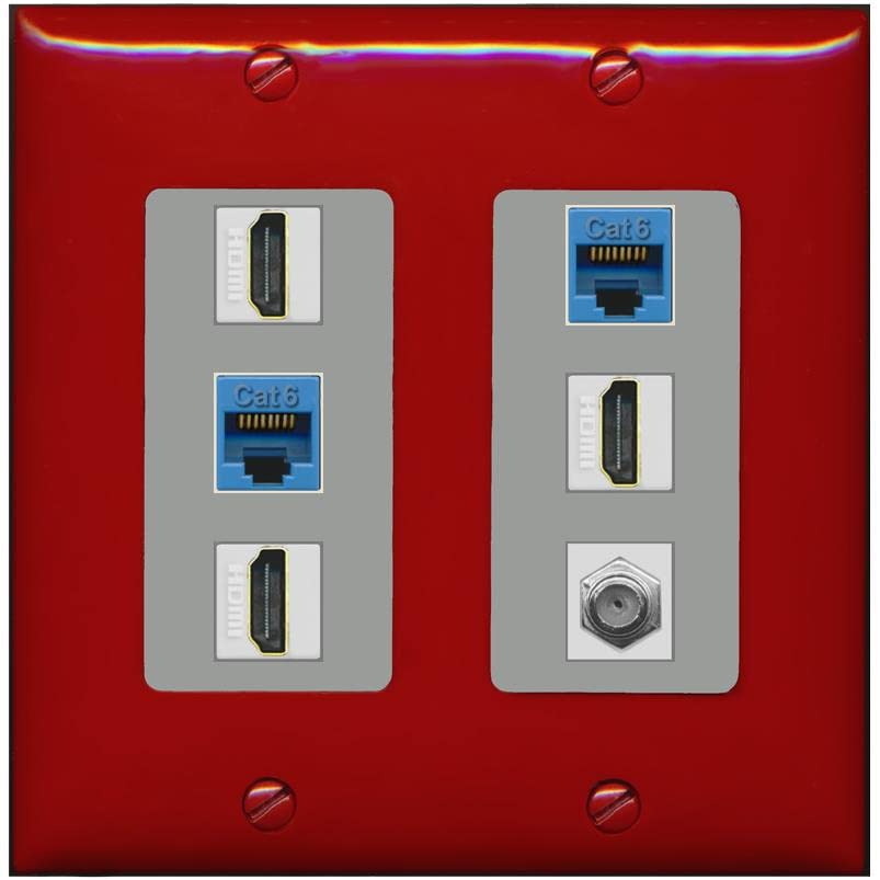 RiteAV 3 HDMI Wall Plate 2 Cat6 1 Coax - 2 Gang [Red/Gray]