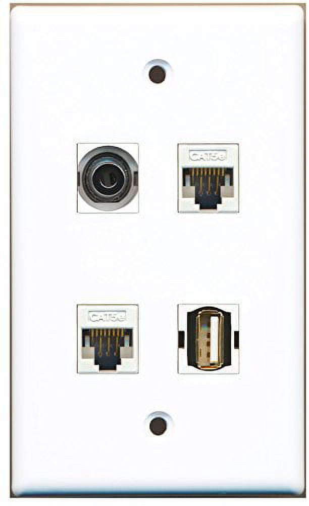 RiteAV - 1 Port USB A-A 1 Port 3.5mm 2 Port Cat5e Ethernet White Wall Plate
