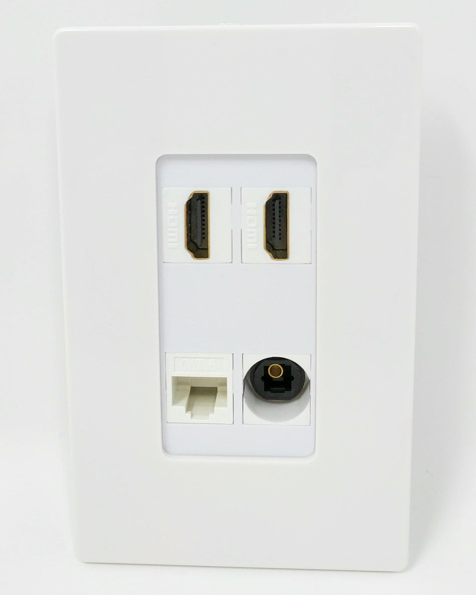 RiteAV - 2 Port HDMI 1 Port Toslink 1 Port Cat6 Ethernet White Wall Plate Screwless Decorative