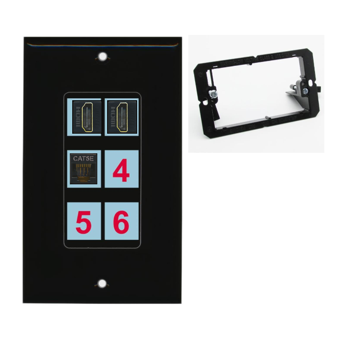 6 Port Custom Keystone Wall Plate DecorZ Black w/Mounting Bracket