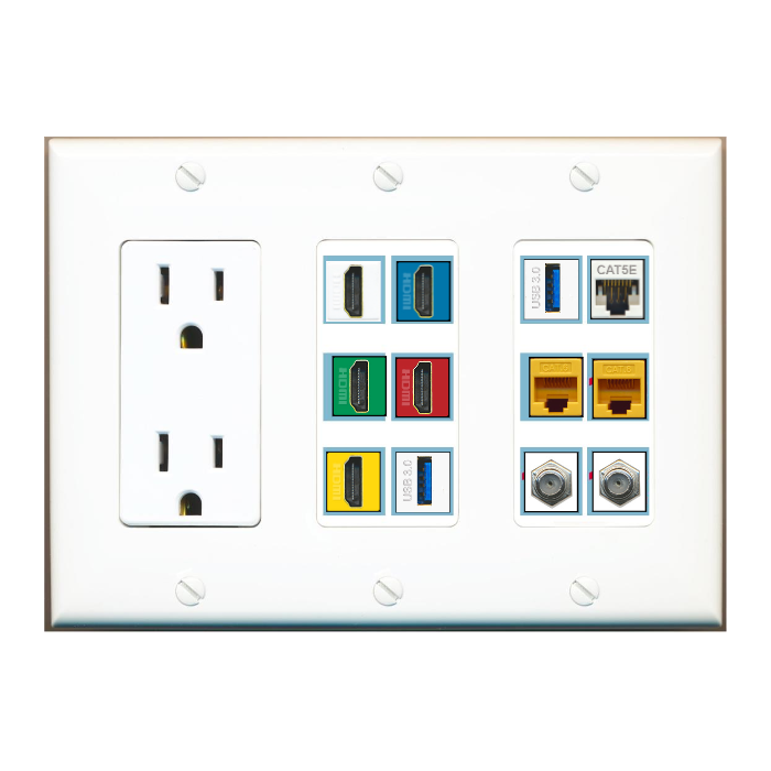 Custom Wall Plate 15 Amp Power Outlet White with up to 12 Keystone Ports