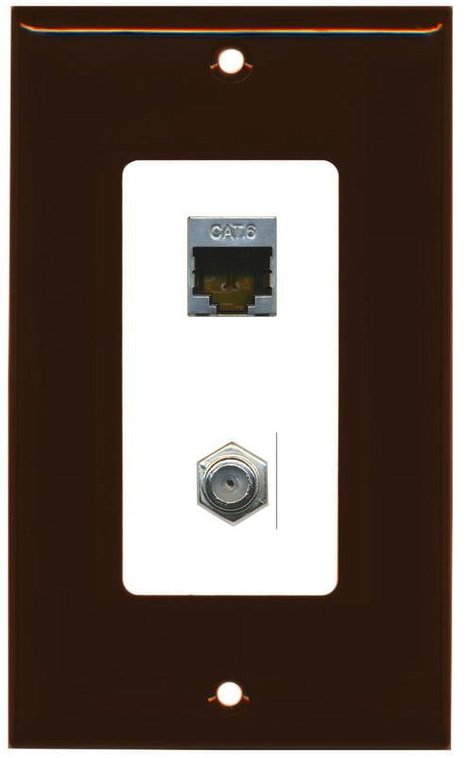 RiteAV Decorative 1 Gang Wall Plate (Brown/White) 2 Port - Cat6 (Shielded) Coax (White) - Bracket Included