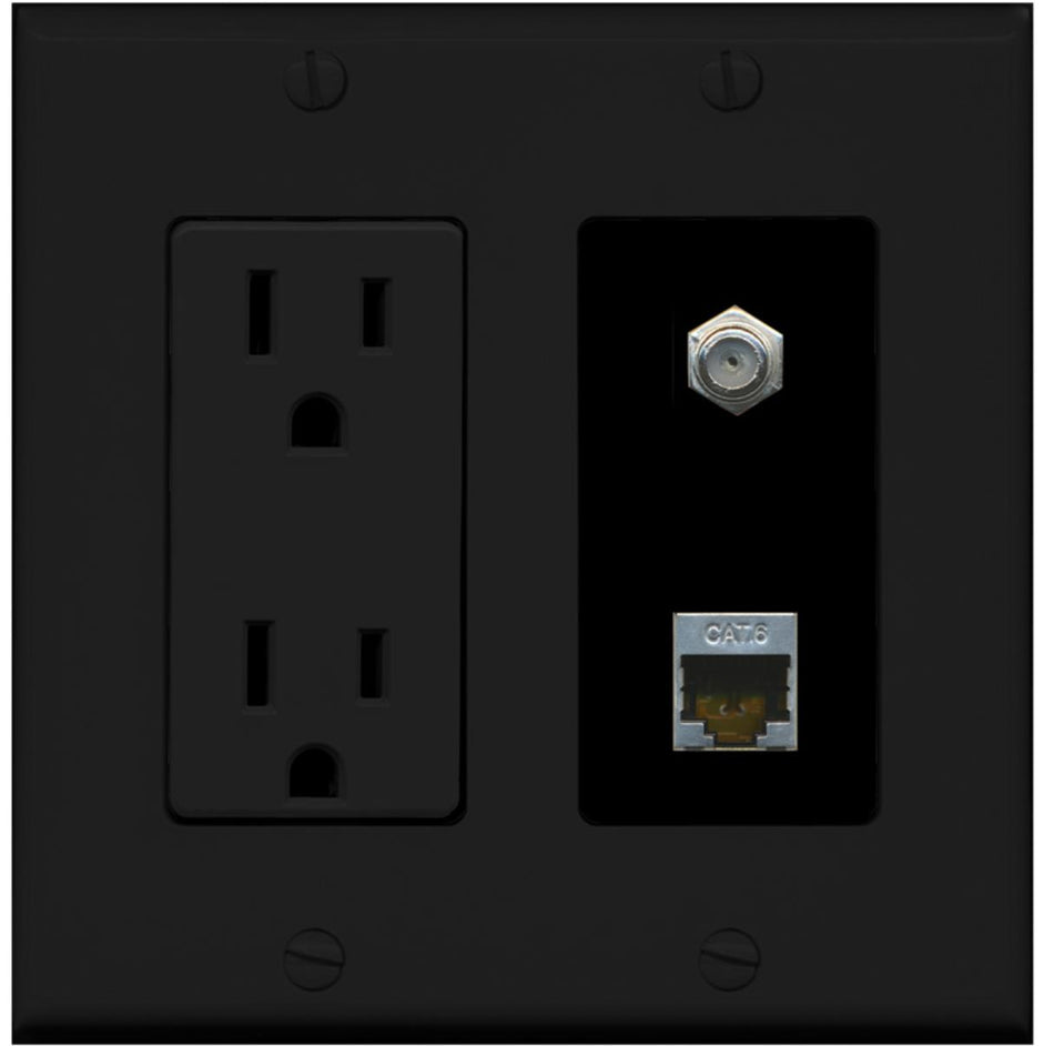 RiteAV - 15 Amp Power Outlet and 1 Port Coax Cable TV- F-Type and 1 Port Shielded Cat6 Ethernet Decorative Type Wall Plate - Black