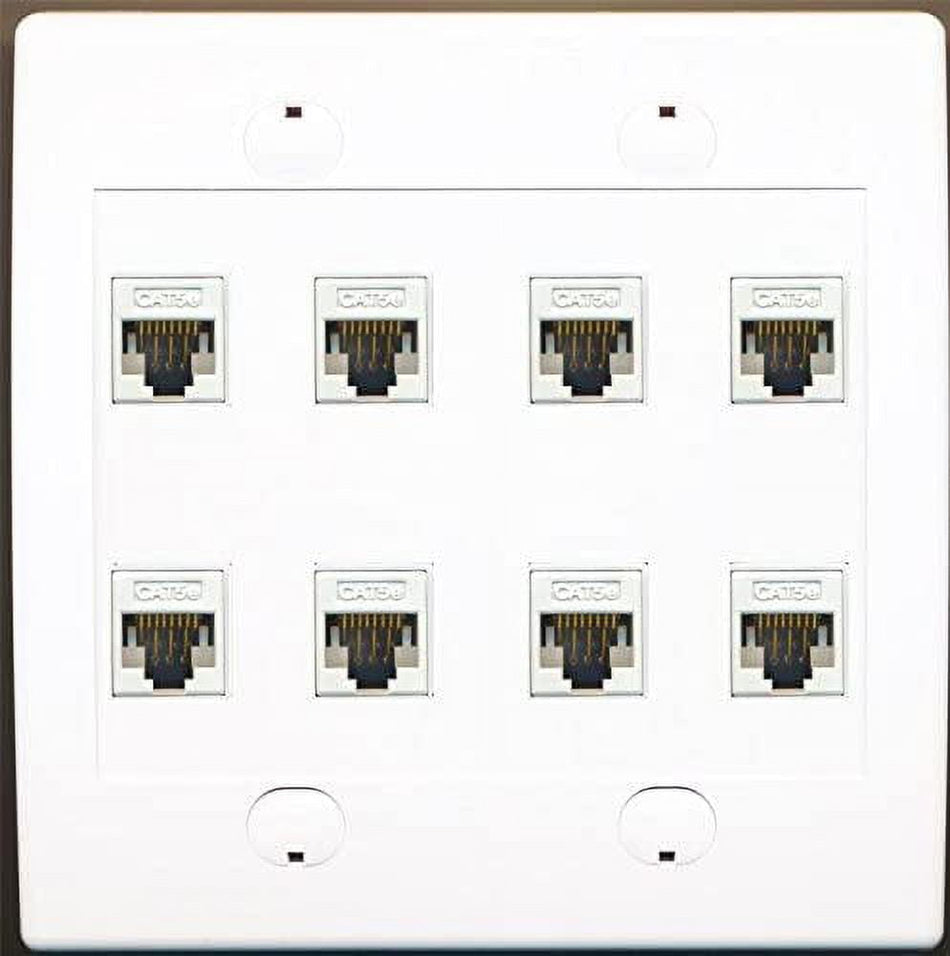RiteAV 8 Port Flat Dual 2 Gang Ethernet Cat5e RJ45 Network Wall Plate - White