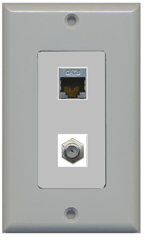 RiteAV Decorative 1 Gang Wall Plate (Gray/Gray) 2 Port - Cat6 (Shielded) Coax (White) - Bracket Included