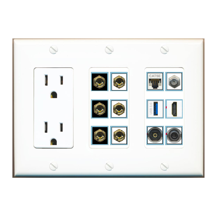 Custom Wall Plate 15 Amp Power Outlet White with up to 12 Keystone Ports