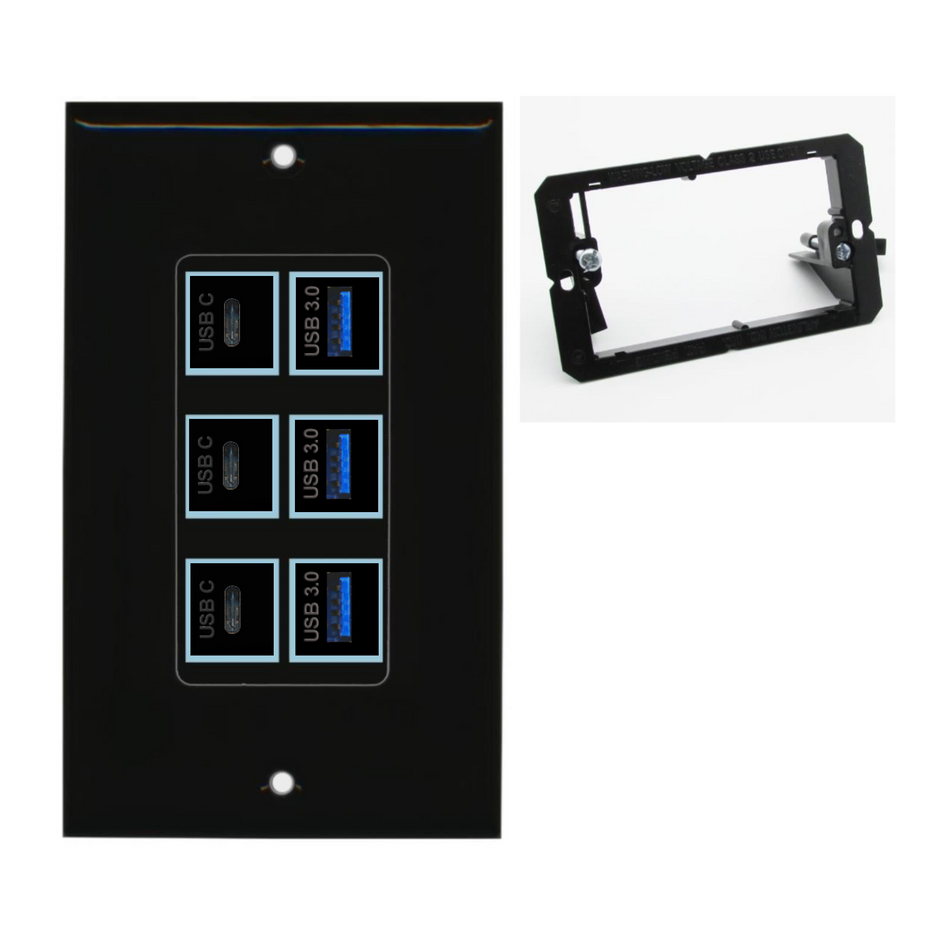 6 Port Custom Keystone Wall Plate DecorZ Black w/Mounting Bracket
