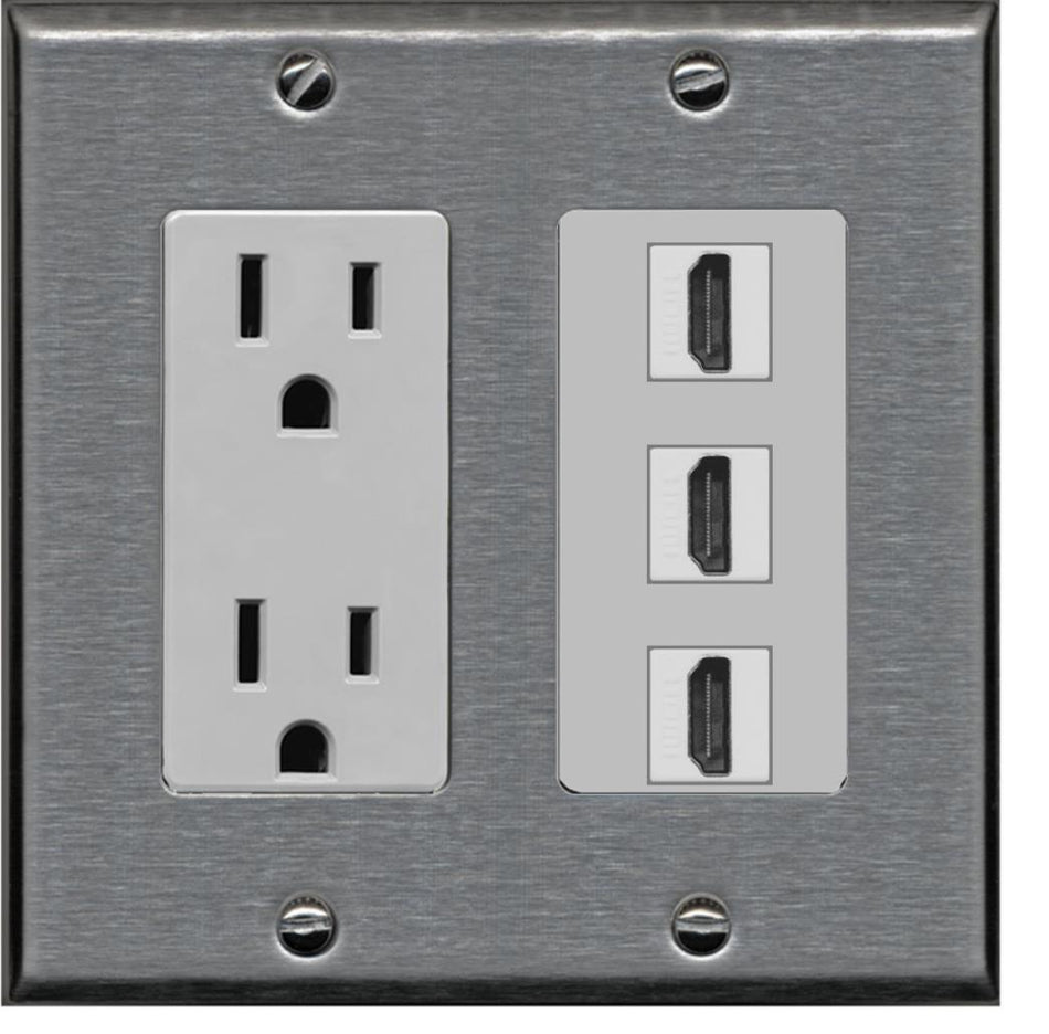 RiteAV - 15 Amp Power Outlet 3 Port HDMI Decorative Wall Plate - Stainless Steel