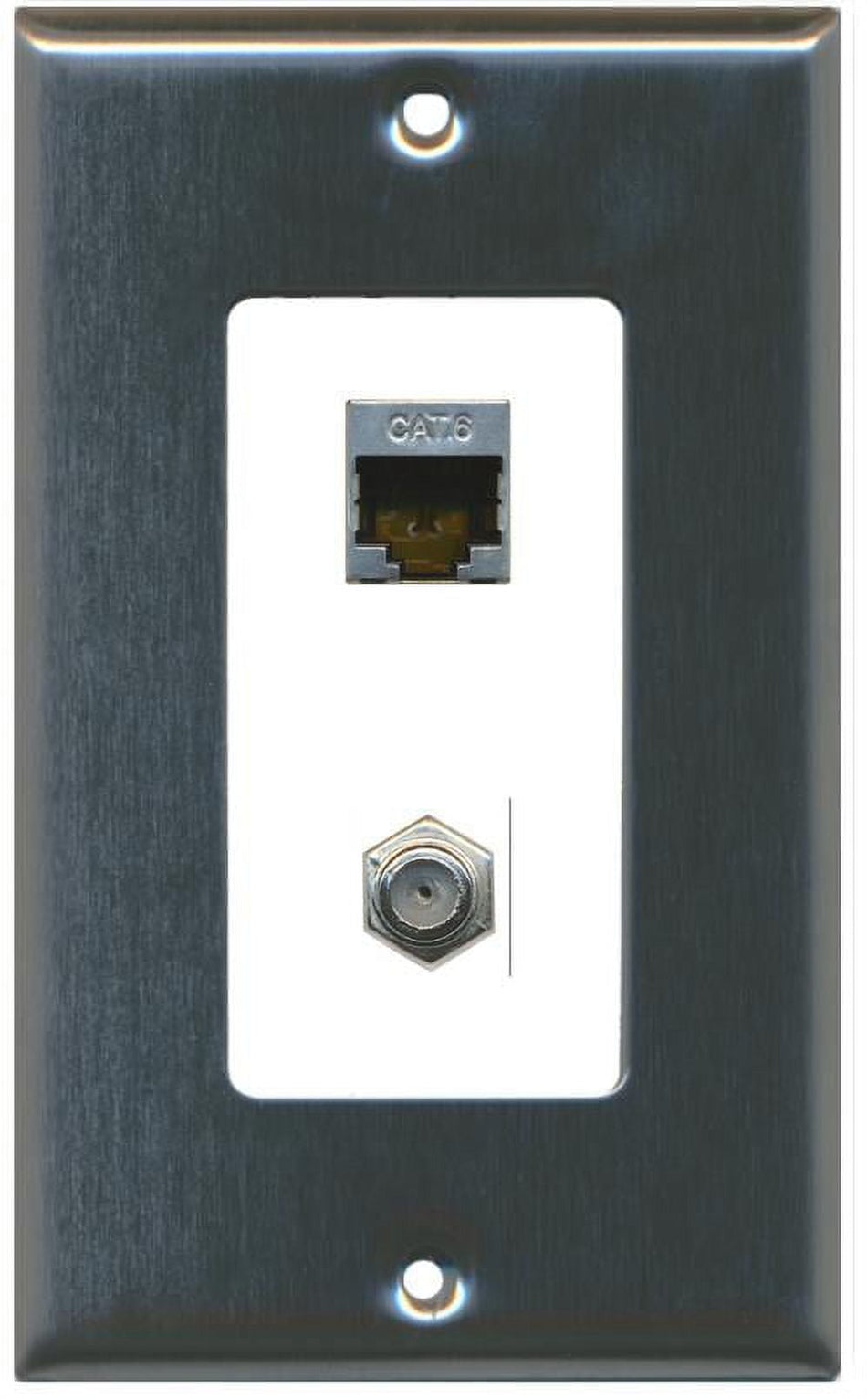 RiteAV Decorative 1 Gang Wall Plate (Stainless Steel/White) 2 Port - Cat6 (Shielded) Coax (White) - Bracket Included