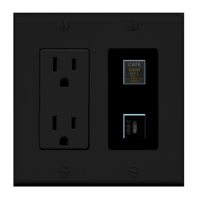 2 Port Custom Keystone Wall Plate w/DecorZ Power Outlet Black