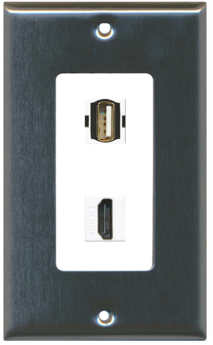 RiteAV - 1 USB A/A and 1 HDMI Port Decorative Wall Plate - Stainless Steel/White - Bracket Included
