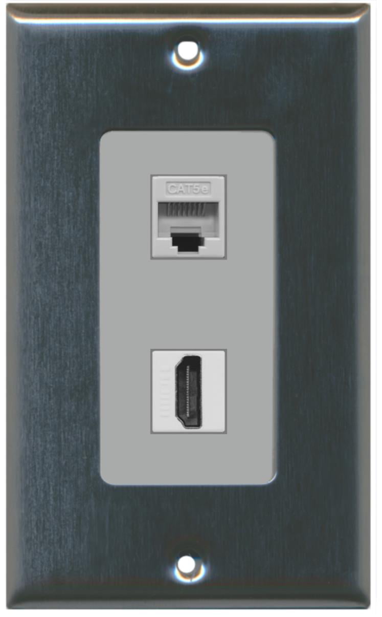 RiteAV - 1 Cat5e Ethernet and 1 HDMI Decorative Wall Plate - Stainless/Gray - Bracket Included