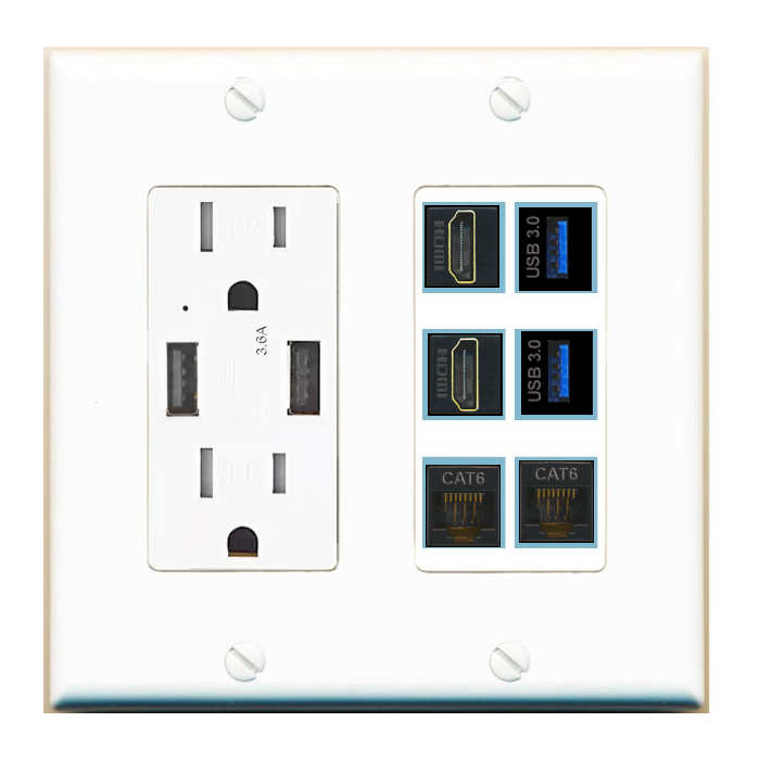 Custom Wall Plate 2 x USB-Charger + Tamper Resistant 15 Amp Power Outlet White with up to 6 Keystone Ports