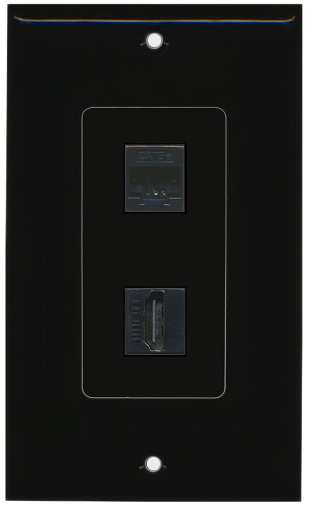 RiteAV Decorative 1 Gang Wall Plate (Black/Black) 2 Port - Cat5e (Black) HDMI (Black) - Bracket Included