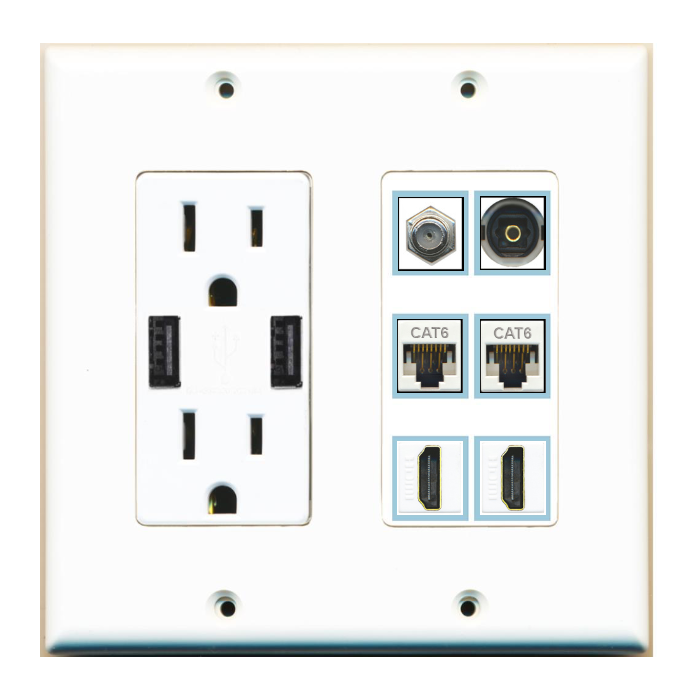 6 Port Custom Keystone Wall Plate w/2 USB Charger Power Outlet