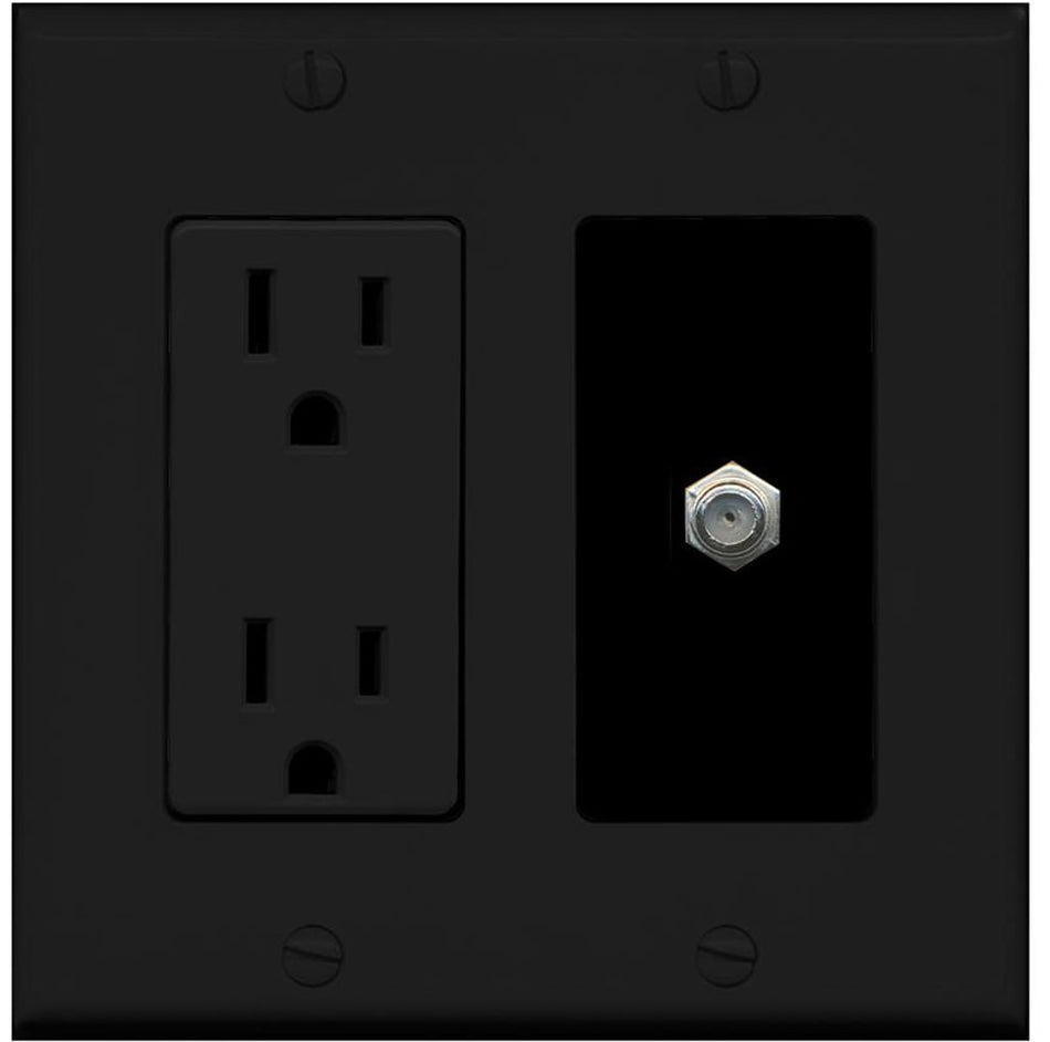 RiteAV - 15 Amp Power Outlet and 1 Port Coax Cable TV- F-Type Decorative Type Wall Plate - Black