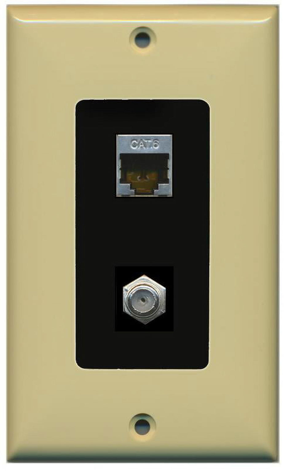 RiteAV Decorative 1 Gang Wall Plate (Ivory/Black) 2 Port - Cat6 (Shielded) Coax (Black) - Bracket Included