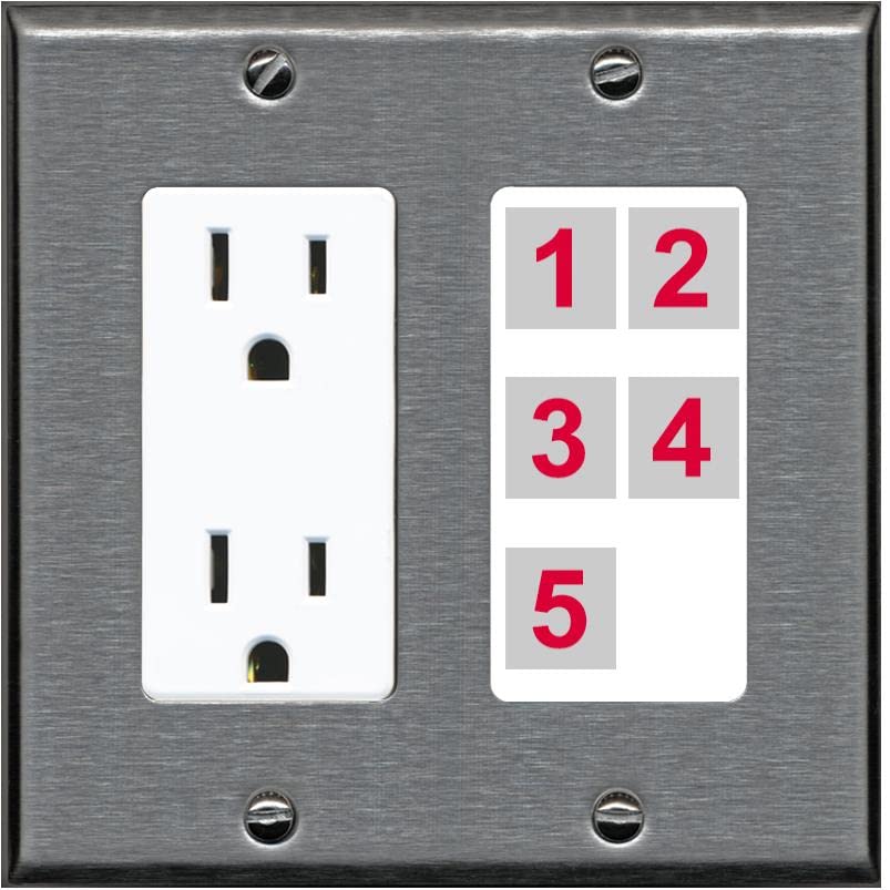 RiteAV Custom Wall Plate 5 Port - Outlet [Stainless/White]