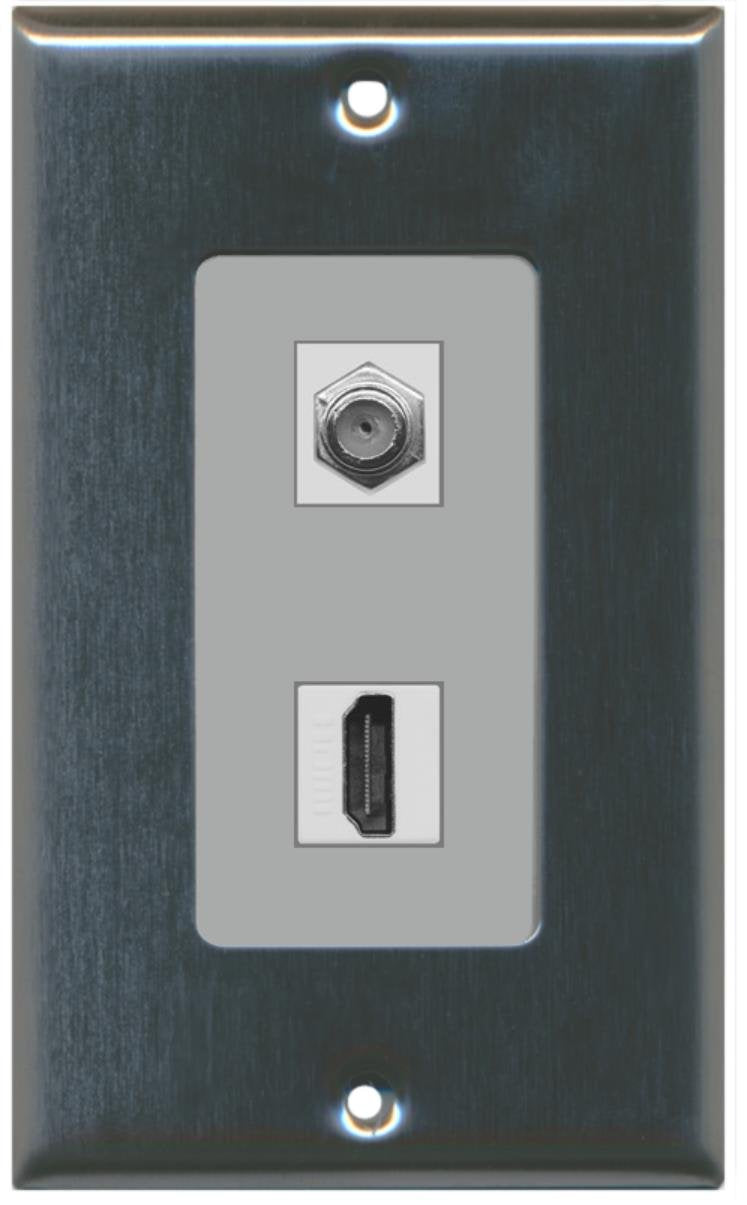 RiteAV - 1 x Cable TV Coax and 1 x HDMI Port Wall Plate Decorative Type - Stainless Steel/Gray - Bracket Included