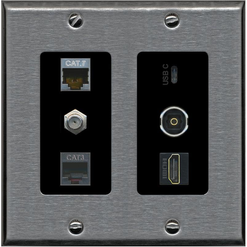 CAT7 COAX HDMI PHONE TOSLINK USBC Wall Plate-2 Gang Stainless/Black