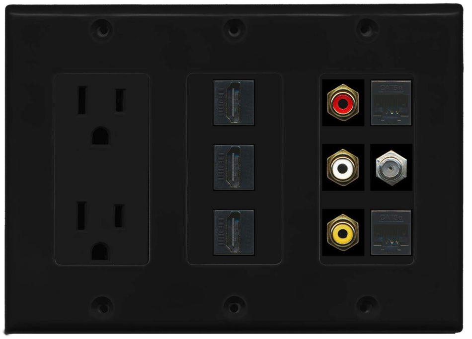 RiteAV Power 3 Port HDMI Composite 3-RCA A/V 2 Cat5e Ethernet Coax TV Wall Plate - Black