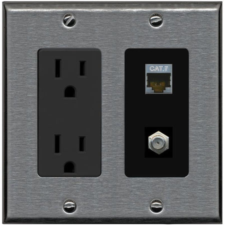 RiteAV Coax and Cat7 Wall Plate - Outlet [Stainless/Black]