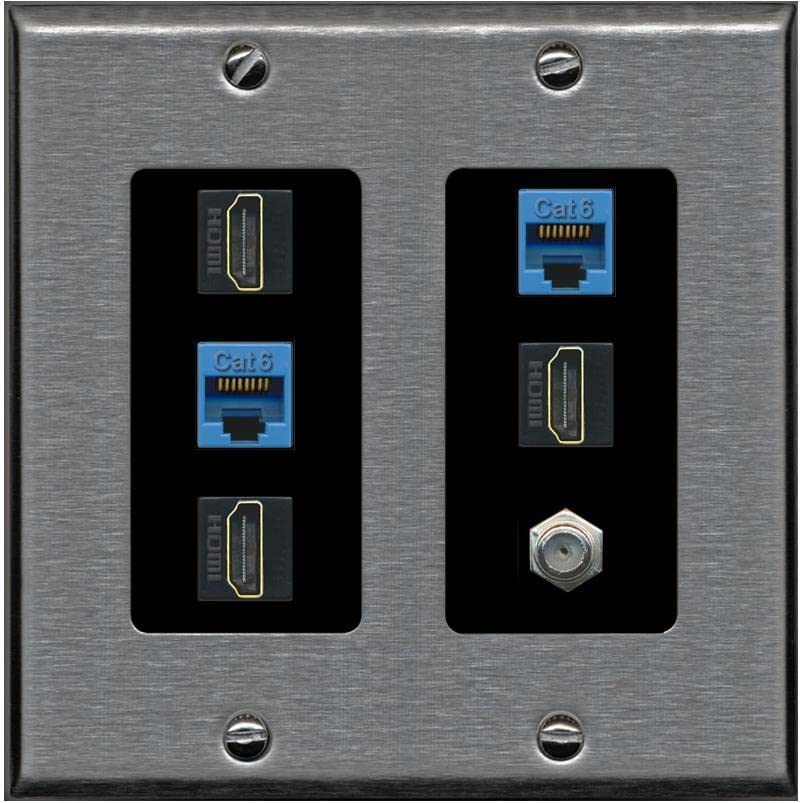 RiteAV 3 HDMI Wall Plate 2 Cat6 1 Coax - 2 Gang [Stainless/Black]