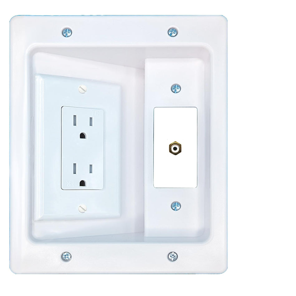 RiteAV RCA-WHITE Recessed WalL Plate Cable Concealer Management Kit with Power Outlet Hides Cords and Cables