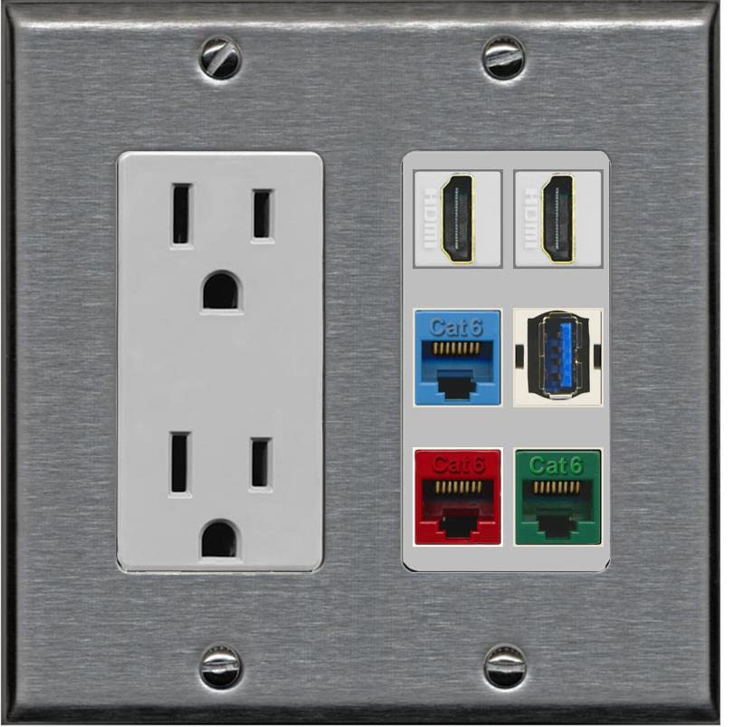 RiteAV 2 HDMI 3 Cat6 Ethernet USB3 Mixed Color Wall Plate - Outlet [Stainless/Gray]