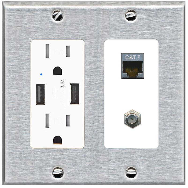 RiteAV Coax and Cat7 Wall Plate - USB Charger [Stainless/White]