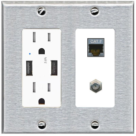 RiteAV Coax and Cat7 Wall Plate - USB Charger [Stainless/White]