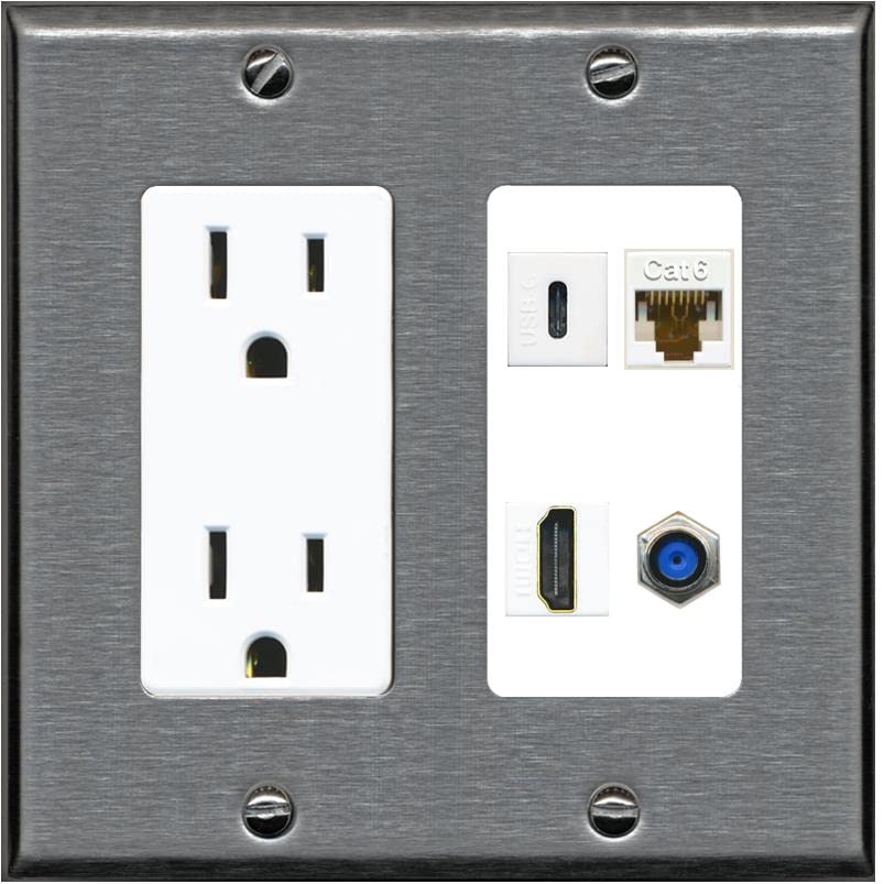 RiteAV USBC HDMI Cat6 Coax F81 Wall Plate - Outlet [Stainless/White]