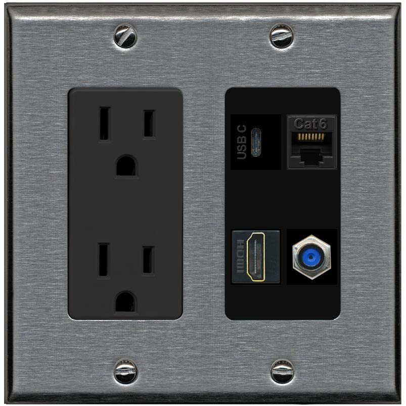 RiteAV USBC HDMI Cat6 Coax F81 Wall Plate - Outlet [Stainless/Black]