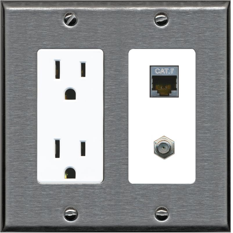 RiteAV Coax and Cat7 Wall Plate - Outlet [Stainless/White]