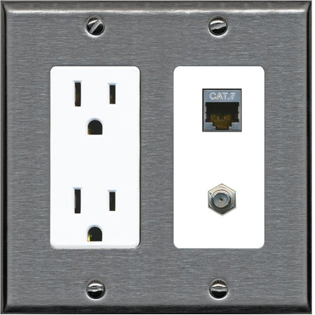 RiteAV Coax and Cat7 Wall Plate - Outlet [Stainless/White]