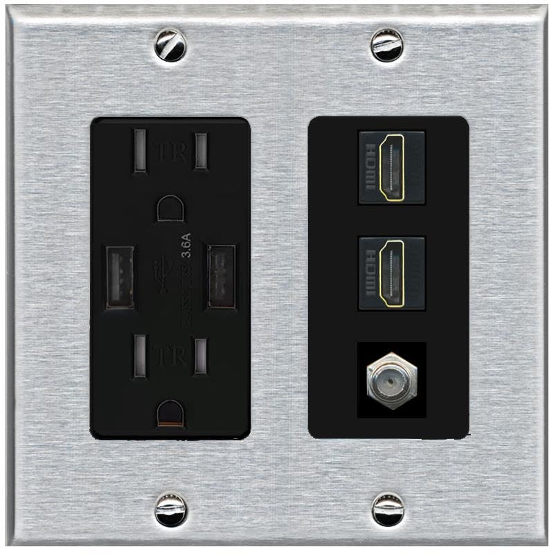 COAX 2 HDMI Wall Plate-USB Charger Stainless/Black