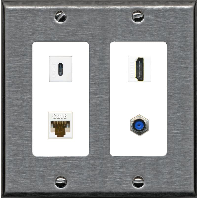 RiteAV USBC HDMI Cat6 Coax F81 Wall Plate - 2 Gang [Stainless/White]