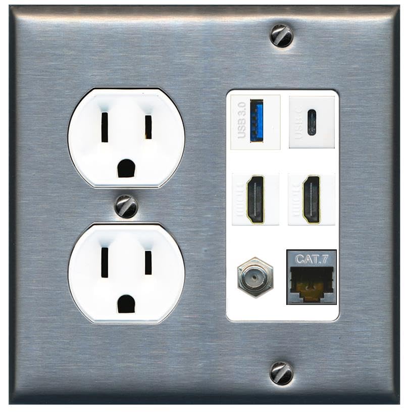 RiteAV USB 3 USB C 2 HDMI Coax Cat7 Wall Plate - Round Outlet [Stainless/White]