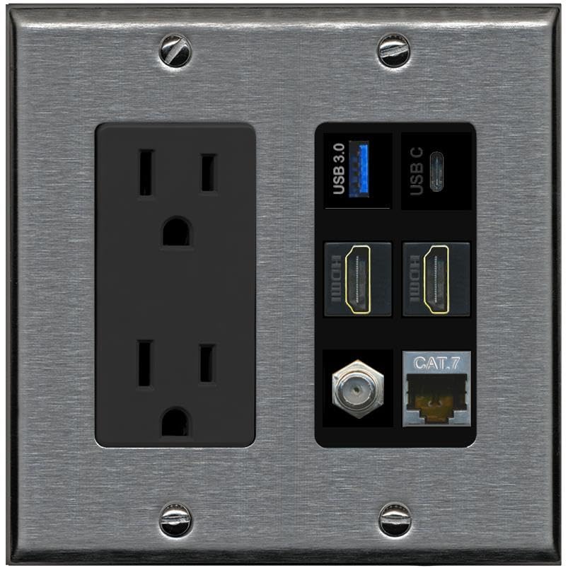 RiteAV USB 3 USB C 2 HDMI Coax Cat7 Wall Plate - Outlet [Stainless/Black]