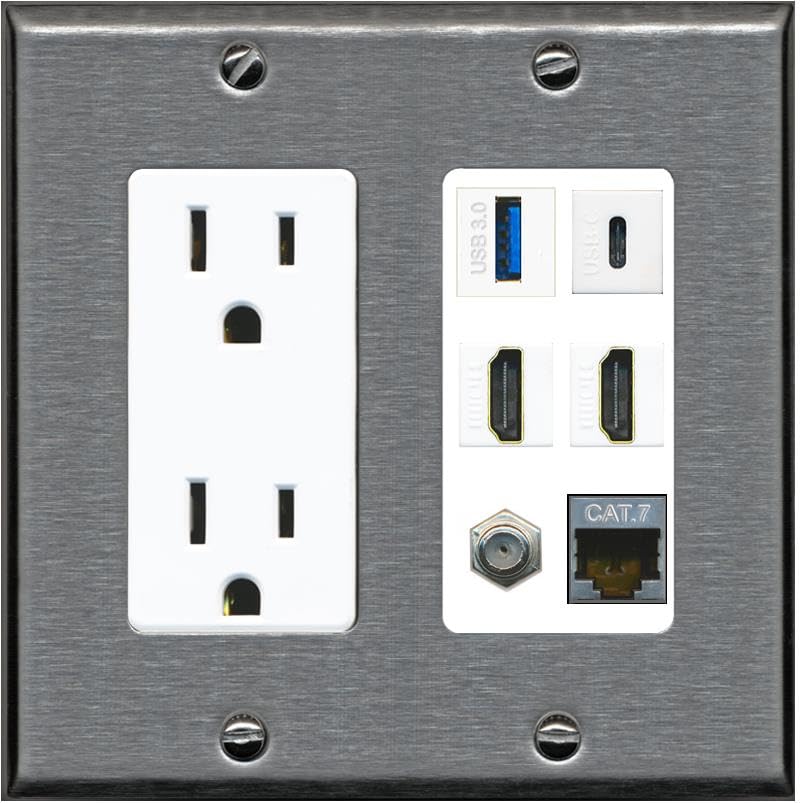 RiteAV USB 3 USB C 2 HDMI Coax Cat7 Wall Plate - Outlet [Stainless/White]